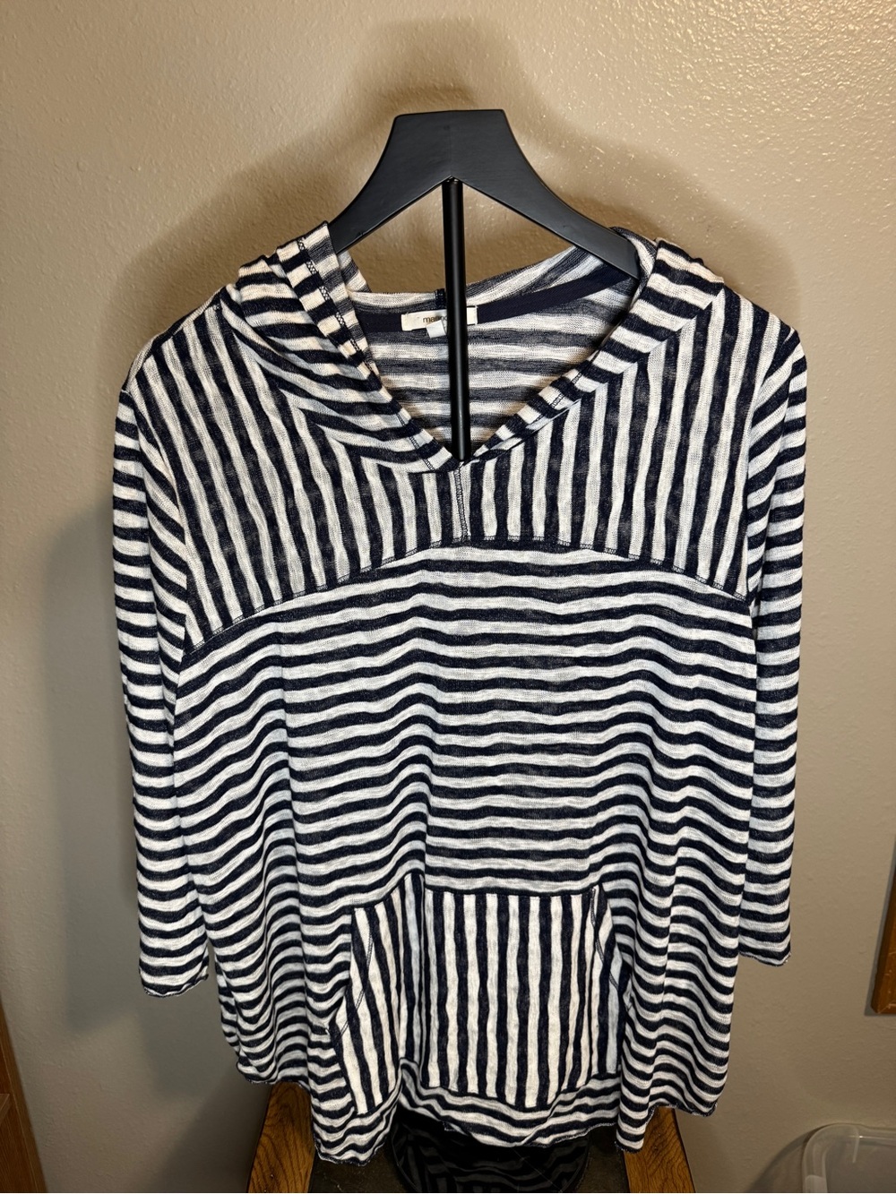 Maurices Women’s Navy Blue & White Striped Hooded Pullover 3/4 Sleeve